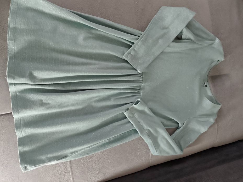 Piękna zielono morska sukienka ze srebrną nitką roz 128 h&m