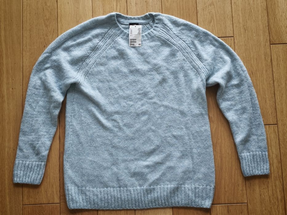 NOWY sweter H&M z wełną i alkapą błękitny oversize L metka