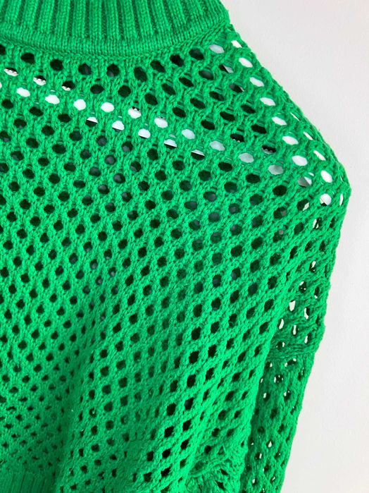 Ażurowy crop top krótki zielony dzianinowy szerokie rękawy XL