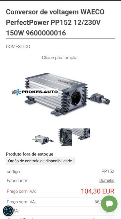 inversor de energia Dometic PerfectPower PP152 que converte 12V DC para 230V AC.