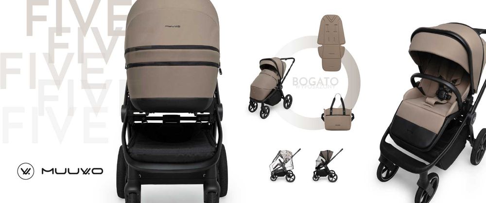 Wózek Muuvo FIVE 2w1 Lekki Składany Gondola+Spacerówka +Adaptery