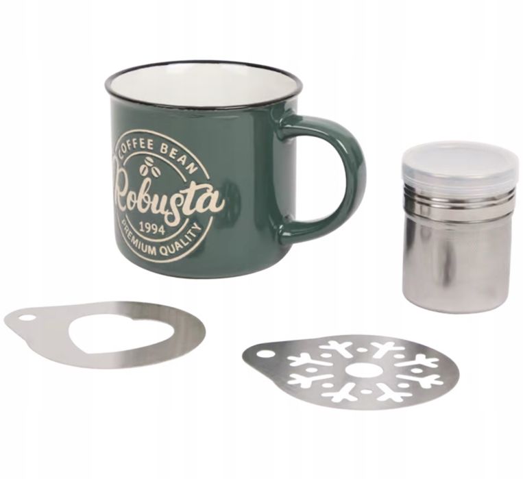 Zestaw Barista 4 elementy Sitko Szablony i Kubek 340 ml Oliwkowy