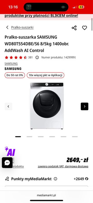 Pralko-suszarka SAMSUNG WD80T554DBE