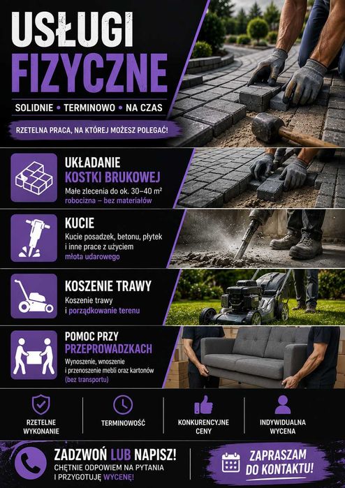 Usługi fizyczne – kostka brukowa | kucie | koszenie trawy | pomoc przy przeprowadzkach