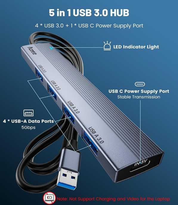 Aceele 4-portowy złącza zasilające C Hub 3, z kabel przedłużający 1,2