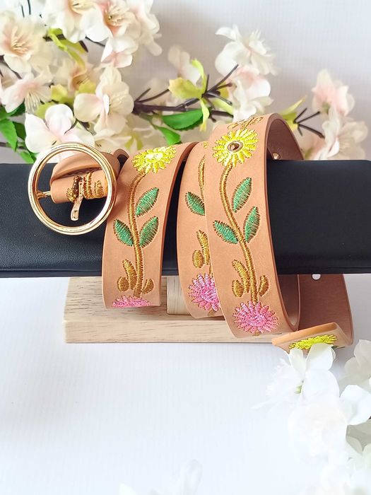 Nowy brązowy pasek cienki regulowany z haftem kwiaty skóra ekologiczna