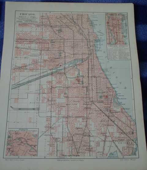 Chicago  duży, oryginalny XIX w. plan miasta