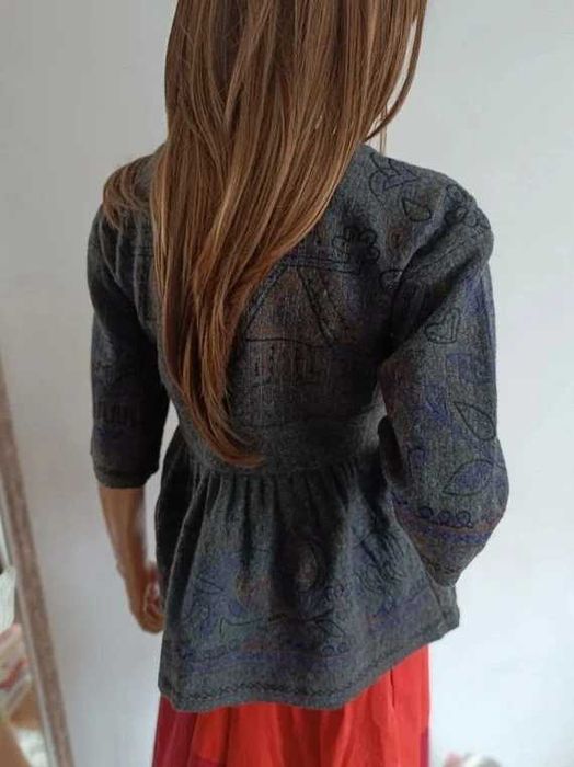 DKNY wełniany płaszcz kardigan haftowany vintage premium wool embroidered scandi chic