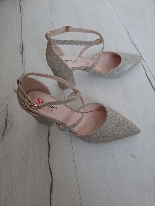 Nowe złote buty sylwestrowe ślub wesele zapinane w kostce 38 39