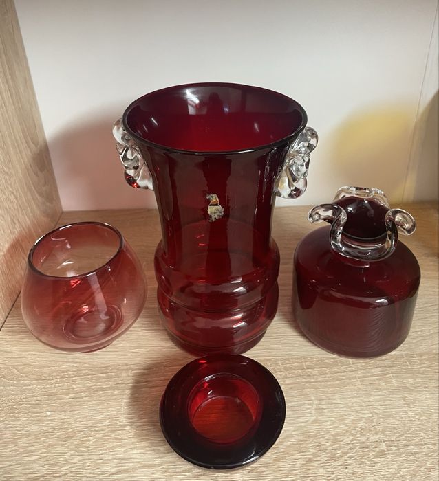 Szkło Huta Tarnowiec wazon prl kolorowe zestaw