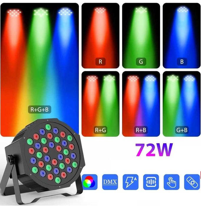 8x Lampa dyskotekowa sceniczna DMX512, 36 diod LED, RGB pilot Zestaw