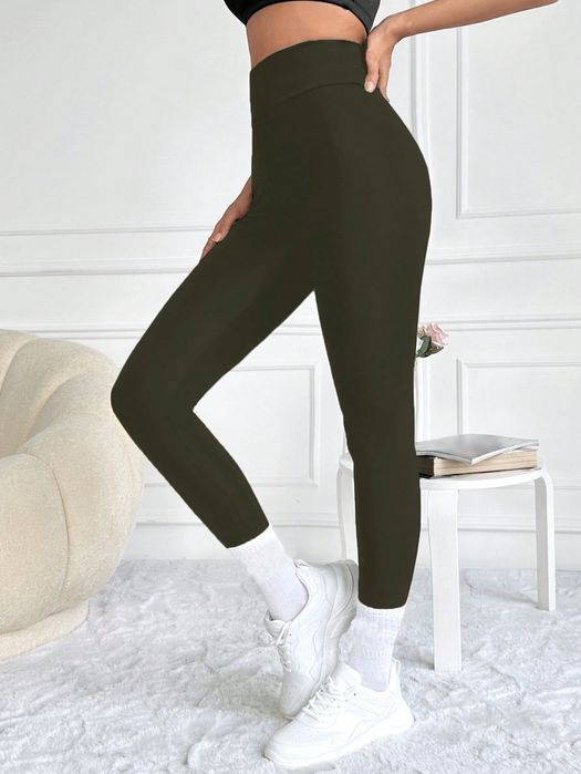 Legginsy Basic Z Wysokim Stanem Zielone Casual Shein S 36