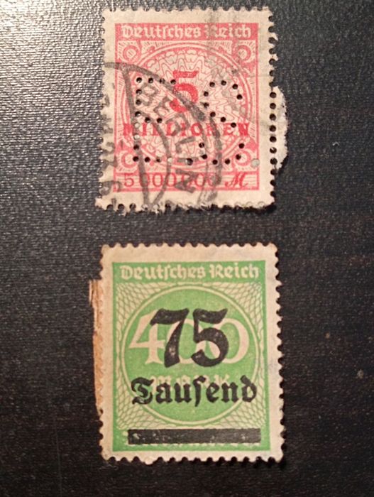 2 selos de inflação 1923  - Era da hiperinflação na Alemanha