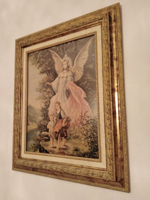Quadro Anjo da Guarda com Moldura em Talha Dourada