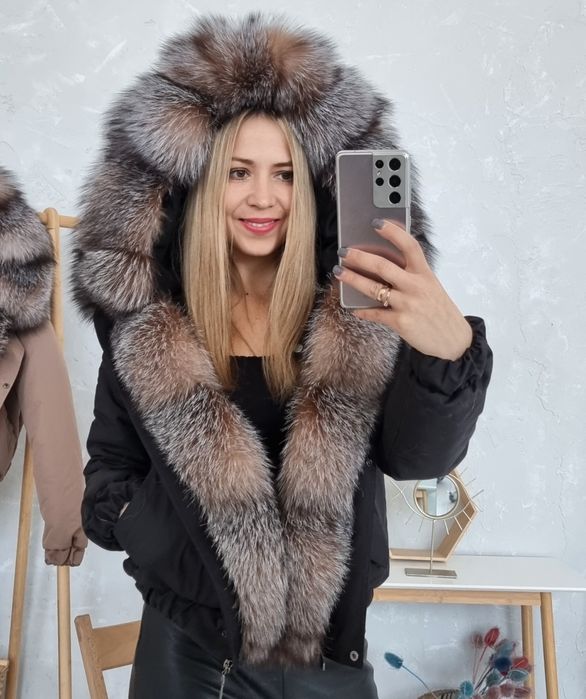 Зимняя парка бомбер финский песец, пуховик с натуральный мех блюфрост