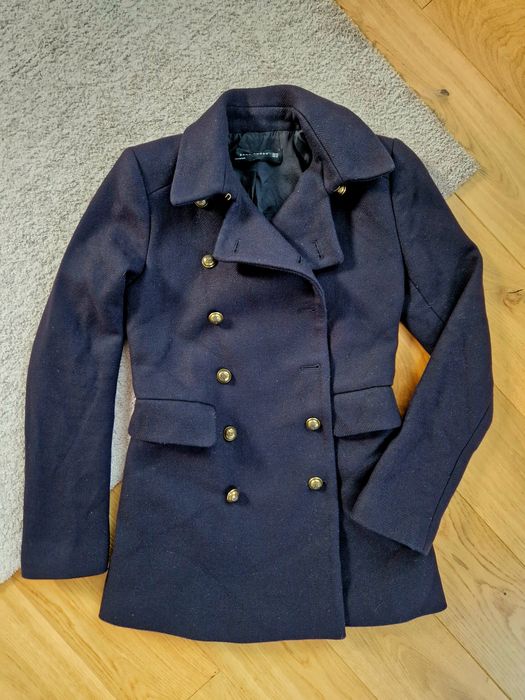Płaszcz krótki granatowy Damski Wełna 75% Zara XS 34 6 Wool Classic Y2