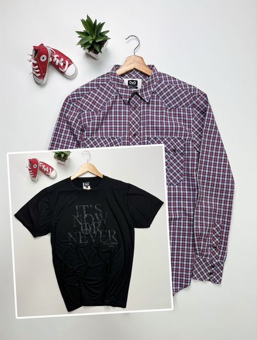 Рубашка футболка Vintage D&G Dolce & Gabbana Brad Plaid Western Shirt Black T-Shirt It's Now Or Never Peace Sign оригинал size L, XL