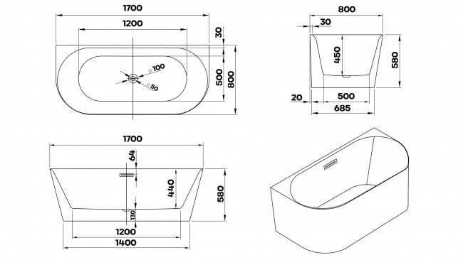 BRAIDER Wanna Wolnostojąca Przyścienna RESTIA SLIM 170x80 cm Biała
