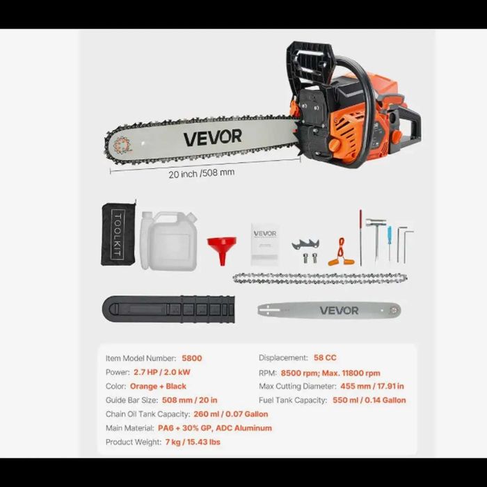 D24- Potente motosserra Vevor 58cc lamina 50cm depósito 50ML 2,7