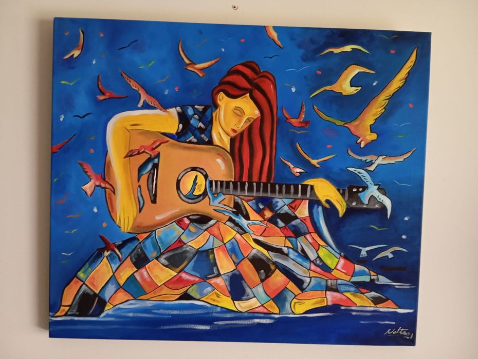 Tela Pintura á mão - Menina da Guitarra