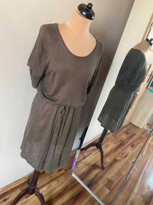 Len  l xl 42 +size braz khaki organic midi lekka sweterkowa sukienka