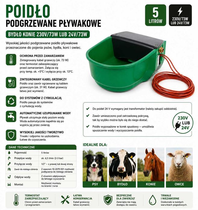 Poidło podgrzewane pływakowe Bydło Konie 230V/73W lub 24 V/73W
