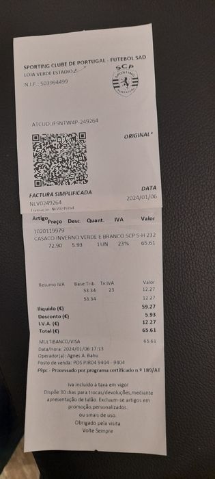 Blusão inverno Sporting Club Portugal