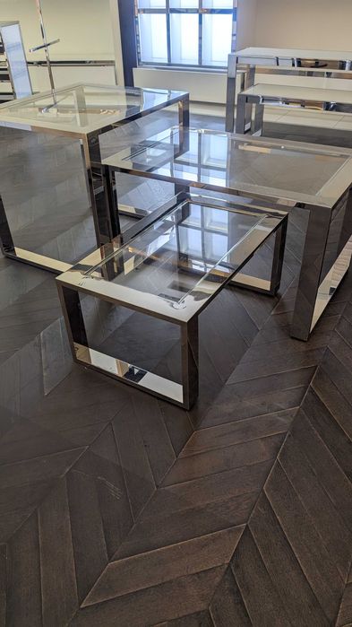 Conjunto 3 Mesas Modulares / Expositores de Loja - Inox e Vidro Transparente