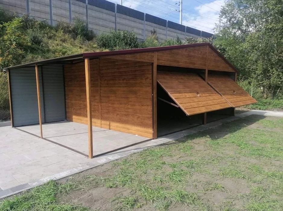 Garaż dwustanowiskowy 6x5 m wiata 1 m - Dach dwuspadowy, Brama uchylna