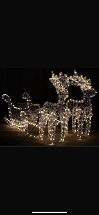 Dwa renifery led z saniami świąteczne bialy cieply 150cm piękne