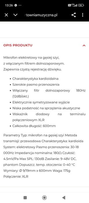 Mikrofon Monacor EMG-650P elektretowy na gęsiej szyi
5,0(1)