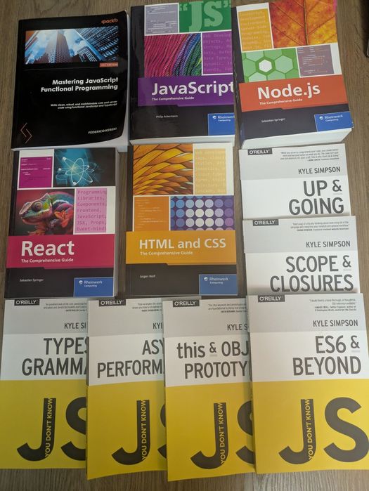 Набір книжок React, JavaScript, HTML & CSS, Node.js, You Don't Know JS, Mastering Functional Programming