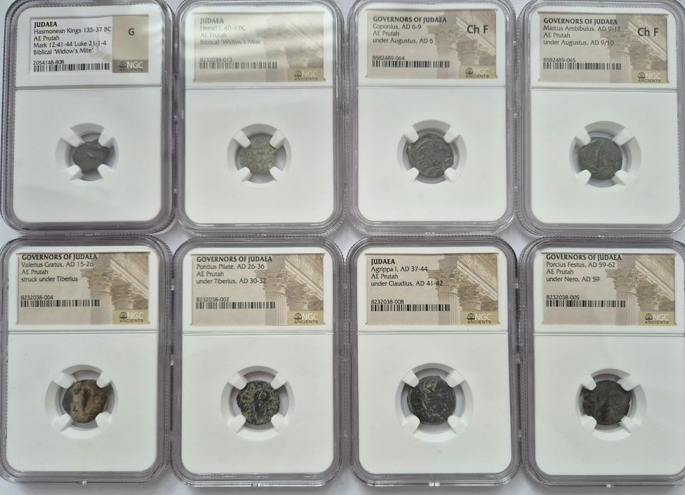 Kolekcja ośmiu monet biblijnych z Judei pierwszego wieku - grading NGC
