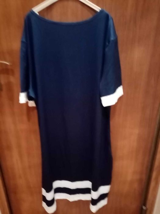 vestido em algodão,meia manga,azul escuro com riscas brancas