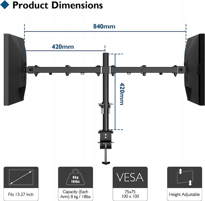 Uchwyt Na Dwa Monitory 13-27" Bontec Mdm002B