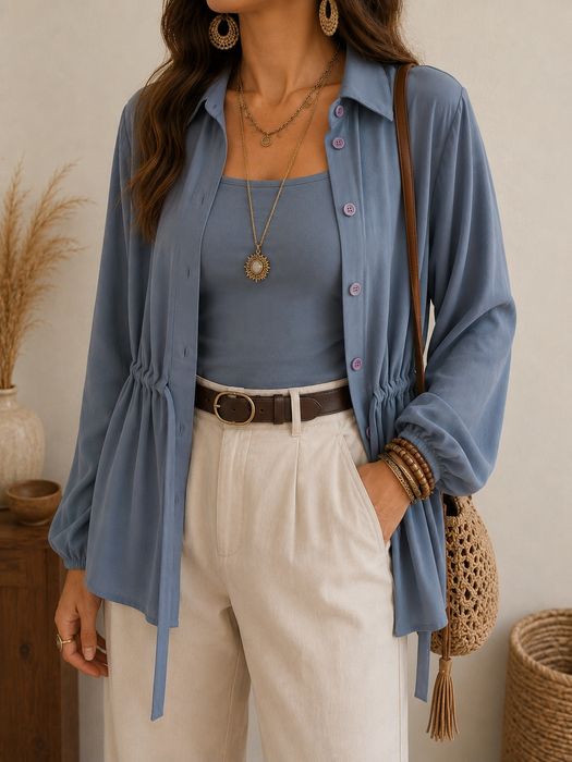 Blusa azul-acinzentada ajustável na cintura (Estilo Peplum/Romântico) - New Collection - Tamanho Único - Nova!