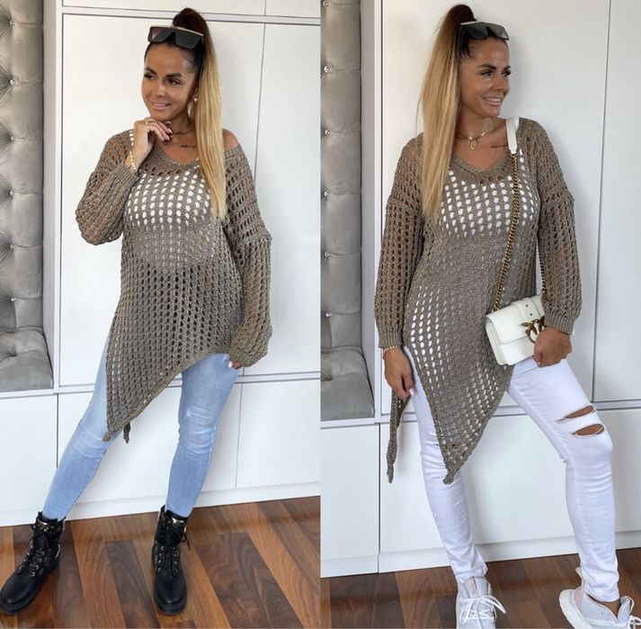 Sweter Ala Ola Voga Ażurowy -siatka -narzutka-Tunika Srebrna