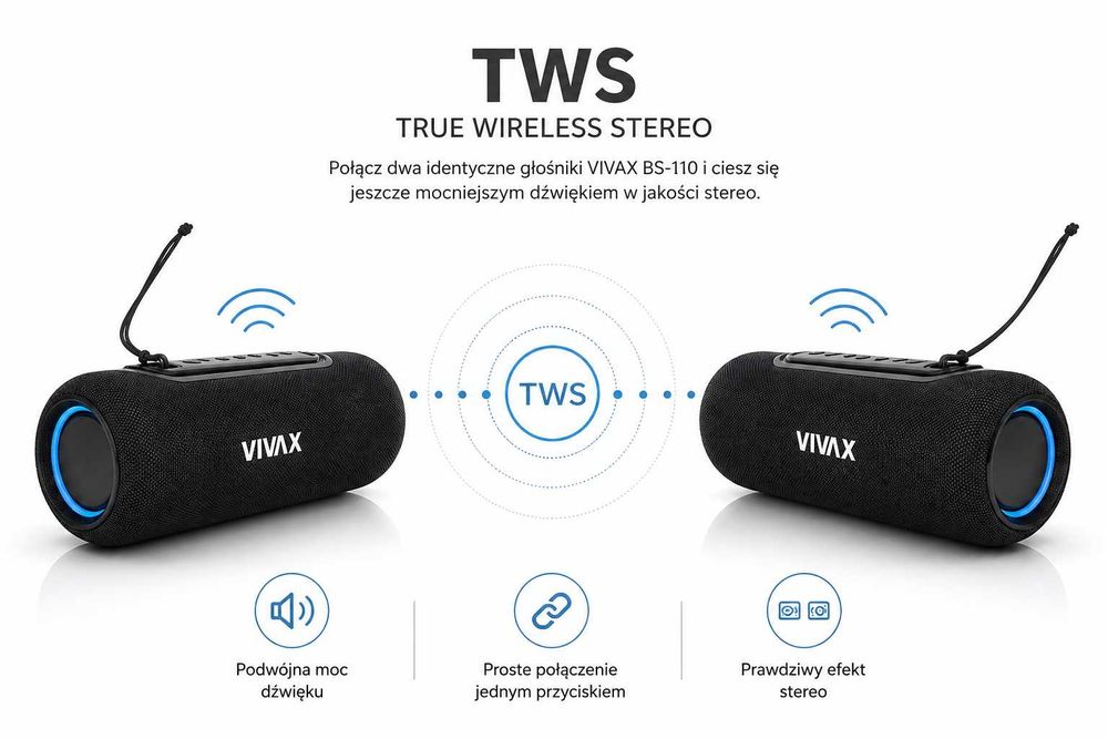 Głośnik Bluetooth VIVAX BS-110 10W TWS LED IPX5 USB-C