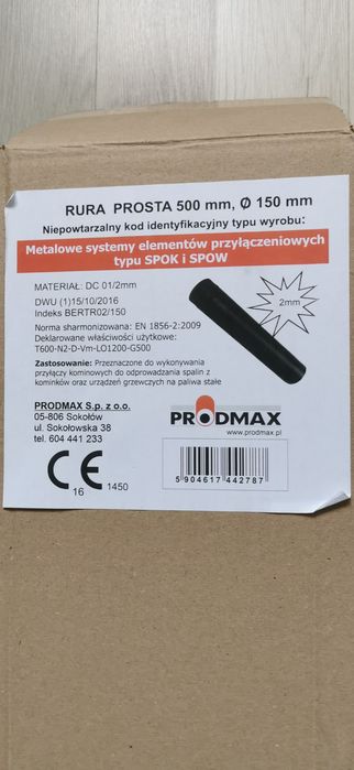Rura kominowa czarna prosta 500mm fi 150 Nowa Prodmax