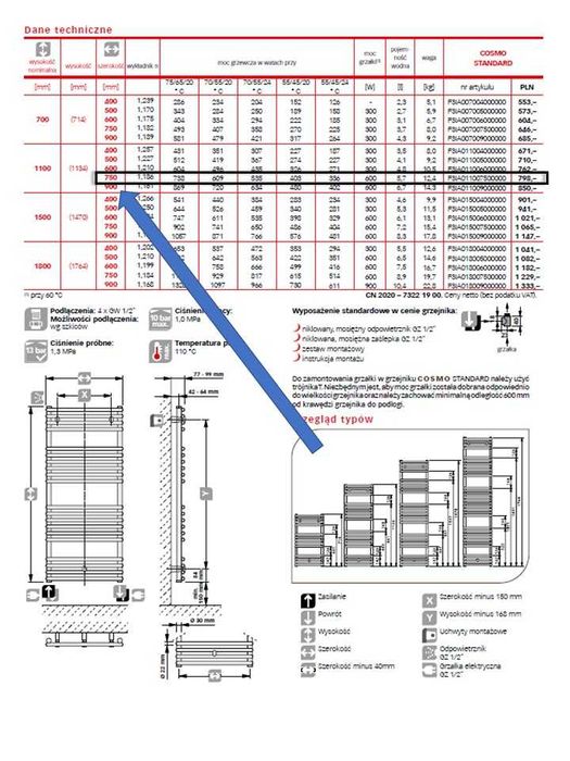 Grzejnik łazienkowy COSMO standard 1100x750 mm drabinka suszarka biały