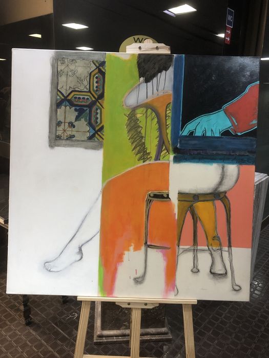 Acrilico, carvao, pastel e oleo sobre tela