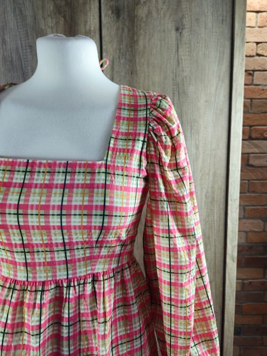 Sukienka mini TOPSHOP kratka neonowy róż bufki karo XS 34