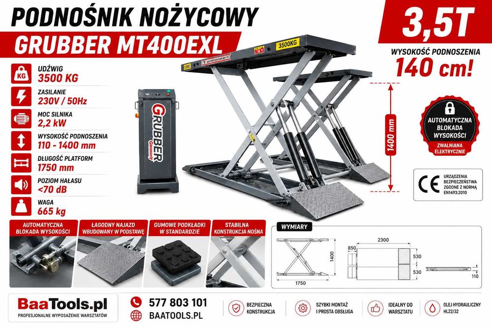 Podnośnik Nożycowy 3,5T 230V Grubber MT400EXL 140cm