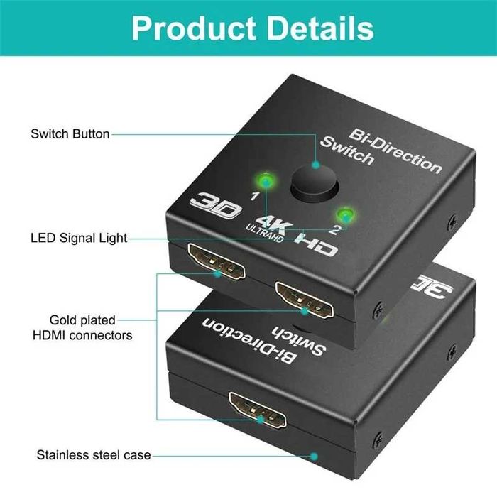 Divisor HDMI para TV Box, adaptador Switcher, 4K, KVM, Bi-Direction