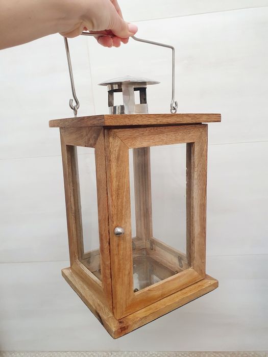 Ліхтар-свічник дерев'яний зі склом та металом, 27×19см