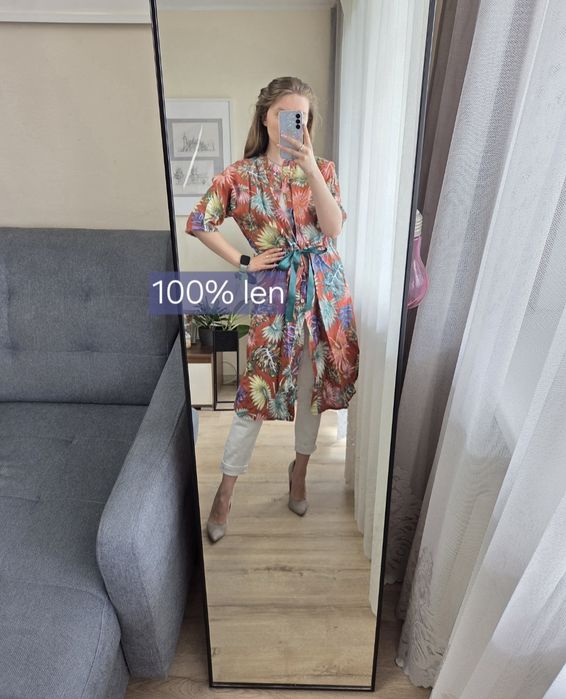 Lniana sukienka narzutka Allegra Masetti Firenze 100% len linen premium kwiaty flowers lato wakacje summer holidays