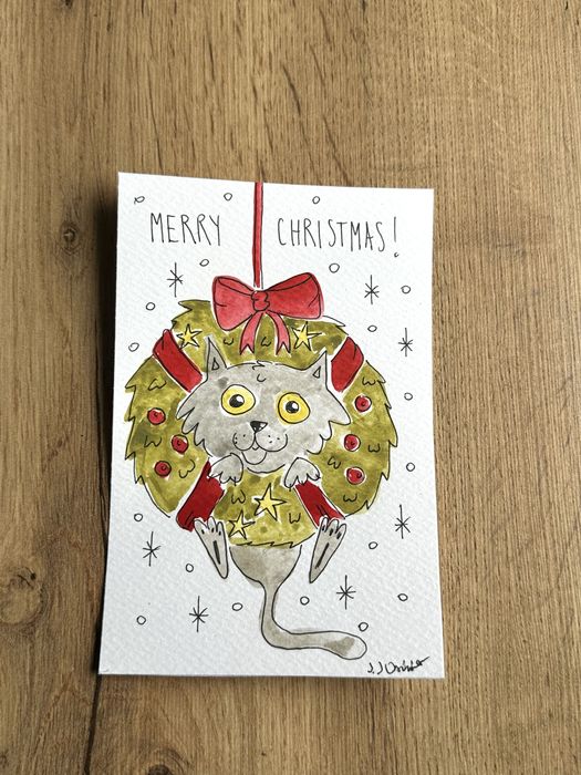 Kartka świąteczna święta christmas card kot kociara cat wianek boho