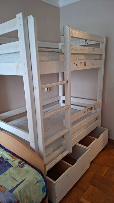 Ліжко дитяче двухярусне, кровать біла з матрацами, дерево