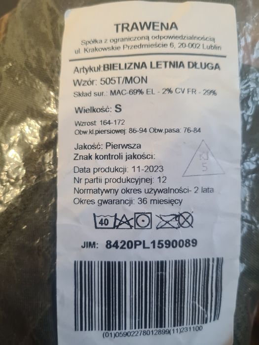 Bielizna letnia wz 505T roz. S