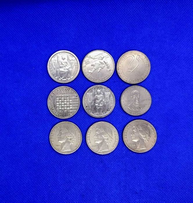 Lote de 9 moedas comemorativas de 25 Escudos em cobre/níquel